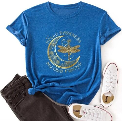 Hello Darkness My Old Friend Hippie Dragonfly Women Short Sleeve Casual T-Shirt Summer Graphic Tee Shirts Female Clothes Tops