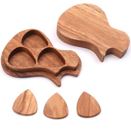 Delicate Wooden Guitar Pick Set Plectrum Storage Holder Case Box with 3pcs Guitar Picks Wood Guitar Accessories