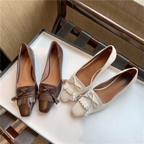 PXELENA 2021 Classic Tassel Knot Natural Genuine Leather Pumps Women Kitten Low Heels Slip On Square Toe Lady Daily Office Shoes