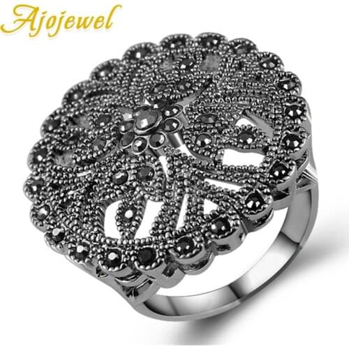 Ajojewel Hollow Out Round Flower Finger Rings For Women Original Antique Jewelry Black Rhinestone Vintage Lady Ring
