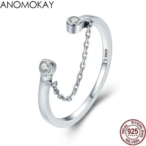 Anomokay 100% Real 925 Sterling Silver Link Tassel Adjustable Finger Ring with White CZ Women Ring 925 Silver Ring Jewelry