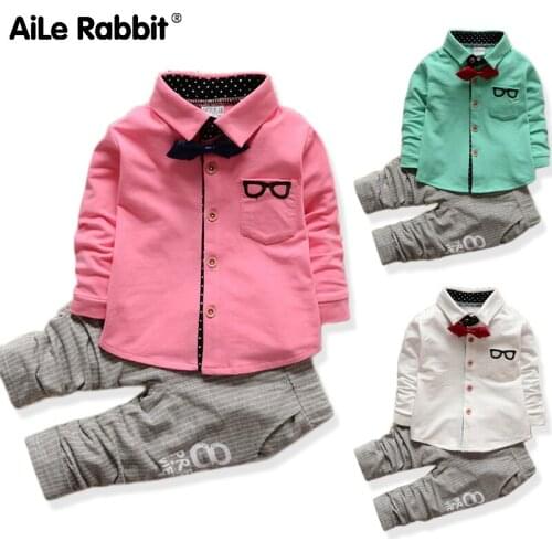 Spring Autumn Boys Clothing Set Baby Boy Gentleman Tie V-neck T-shirtKids 2 Pcs Pants Clothes Suit K1