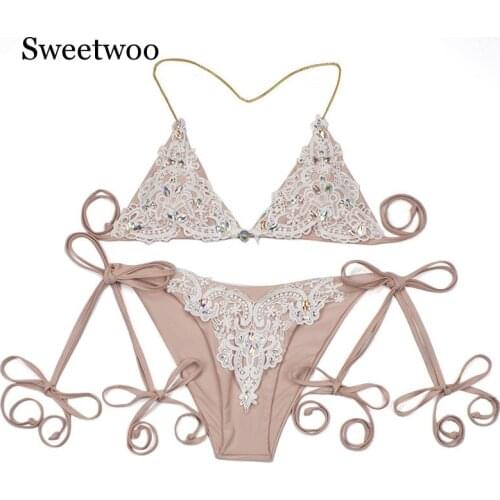 Halter Swimwear 2019 Rhinestone Diamond Silver Bikinis Women Swimsuit Sexy Crystal Push Up Swimwear Women Bathing Suits Lace