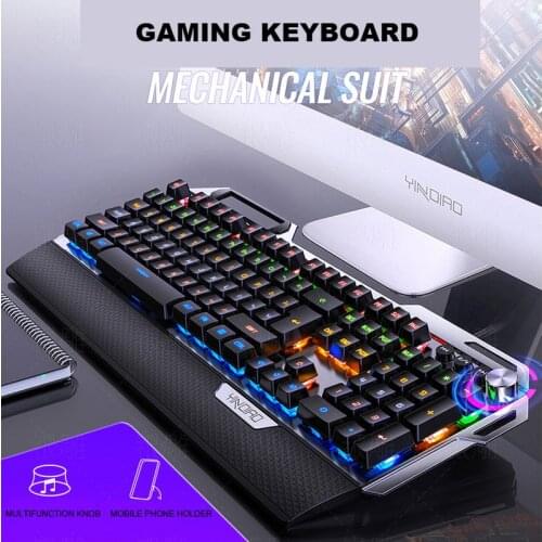 Metal Mechanical Gaming Keyboard with Hand Rest Phone Holder Knob Adjustment Colorful LED RGB Backlit For PC Laptop Gamers