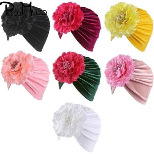 Powmuco Lovely Autumn and Winter Warm Infant Hats Solid Color Artificial Flower Newborn Indian Caps Princess Turban Photo Props