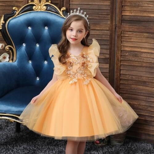Cute Flower Girl Dresses Hand Made Flower Bling Beads Girl Pageant Gowns Ruched Tulle Knee Length Birthday Gown