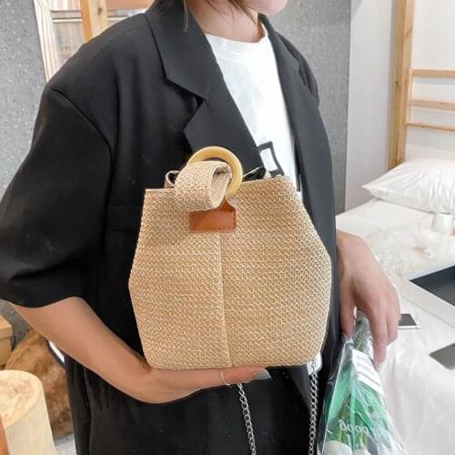 Fashion Straw Bucket Bag for Women Hand-woven Handbag Summer Beach Bag Ladies Chain Shoulder Bag 2021