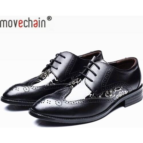 Movechain Mens PU Leather Brogue Shoes Mens Fashion Suit Dress Lace-Up Flats Man Vintage Casual Shoe Plus Sizes EU 38-48