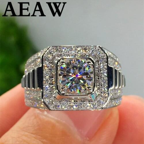 Solid 18K 750Au 1ct White Gold Moissanite Diamond Man Ring D color VVS With National Certificate
