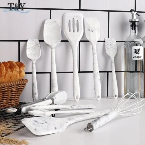 T&Y Set of 10, 2021 New Marble Pattern Silicone Utensil Cooking Sets, Nonstick Silicone Baking Pastry Tool Spatula Scraper Brush