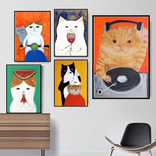 Cartoon Cat Baby Nursery Wall Art Poster Funny DJ Cat Drive Motorcycle Drink Wine Canvas Painting Nordic Living Room Home Decor