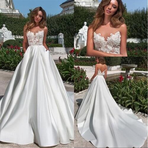 Hot Wonderful Tulle & Satin Bateau Neckline A-line Wedding Dress With Beaded Lace Appliques & Pockets Wedding Bridal Gowns