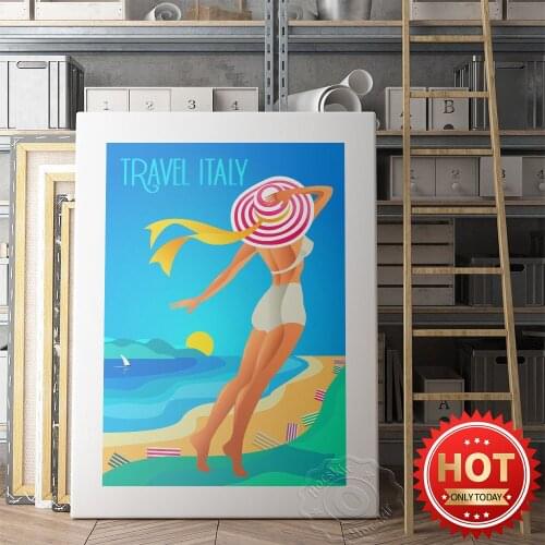 Travel Italy Illustrations Poster, World Tavel City Scenery Art Prints, Nordic Style Sandbeach Women Canvas Painting Decor Mural