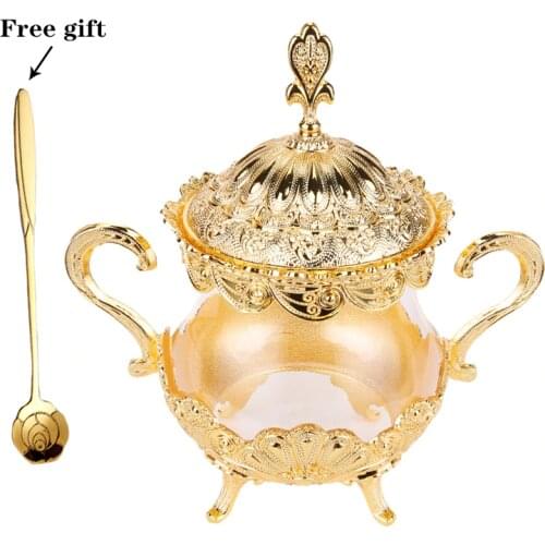 Gold Plated Glass Jars and Lids Glass Container Sugar Bowl Tea Coffee Sugar Storage Jars Kitchen Storage Stainles Stel Container