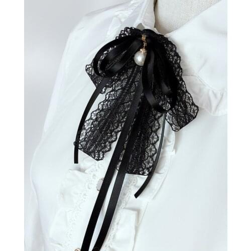 Simple Pearl Bow Tie Shirt Collar Pin Black Female Ribbon Fabric Lace Bowtie Brooch Fashion Student School Clothing Accessories