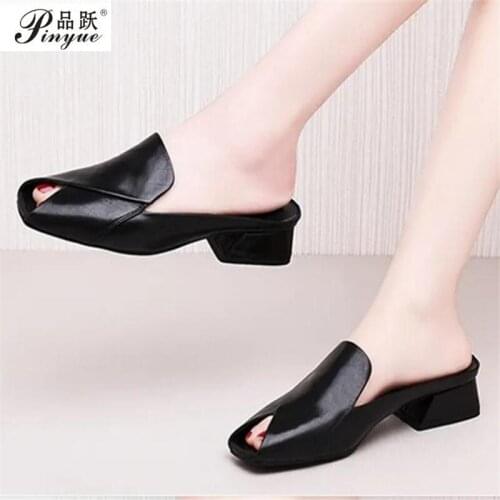 PU Leather Peep Toe Woman Slippers Elegant Non-slip Shallow Dress Shoes Summer Ladies Office Shoes Plus Size 35-42