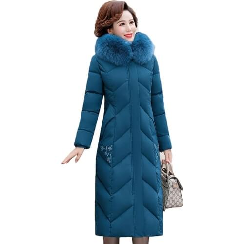 Middle-aged Elderly Womens Down Cotton Coat Long Over The Knee Thick Parkas Fur Coller Hooded Winter Jacket Plus Size 5XL W2239