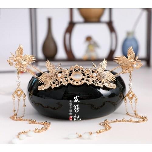 Luxury handmade Golden Phoenix Chinese retro hair crown suit Martial arts fairy headdress Pearl shell hairpin clip