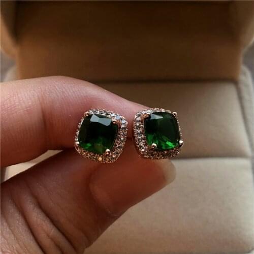 Cute Boho Female Small Green Stone Earrings Fashion Crystal Rose Gold Wedding Earrings Vintage Double Stud Earrings For Women
