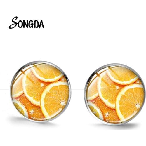 Lemon Slice Earrings Orange Watermelon Blueberry Kiwifruit Fashion Summer Fruit Glass Dome Stud Earring Party Decoration