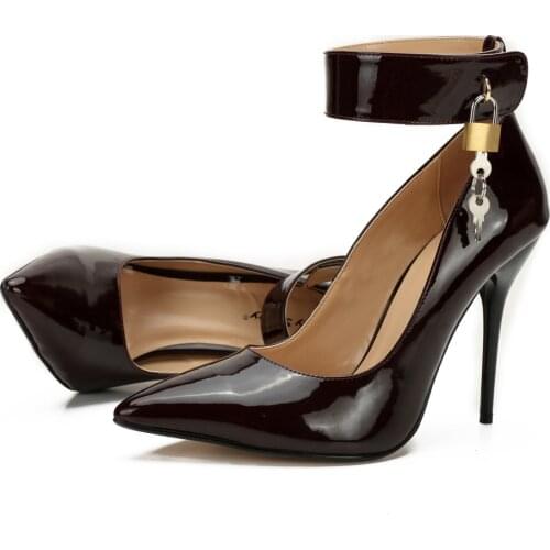 Womens Pumps Shoes Sexy Thin Heel High Heels 12CM Pointed Toe Pumps Women Shoes Fashion Padlock Stitching Shoes Large Size 48