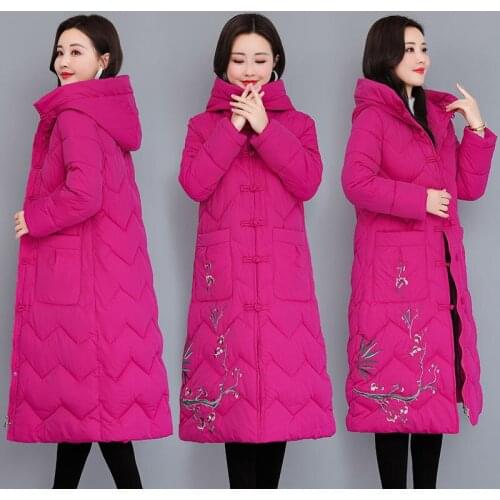 National style Embroidery Hooded Jacket 2021 Womens Winter New Disc Button Cotton Long Coat Warm Thick Female Windproof Parkas