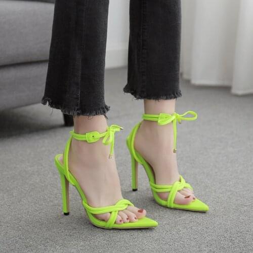 2021 New Neon green black stretch fabric lace-up high heels sandals women ankle strap pointed toe summer shoes woman party pumps