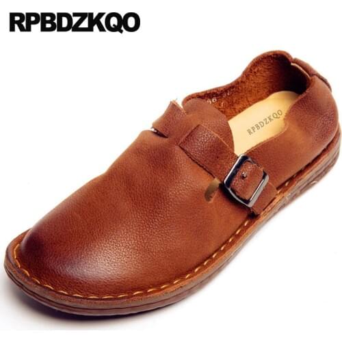 Brown Round Toe 2018 Flats Women Ladies Genuine Leather Driving Elderly Ethnic Traditional Chinese Shoes Handmade China Designer
