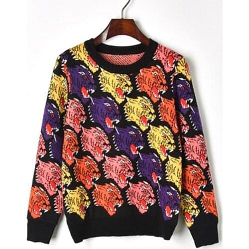 2018 New European And American Style Multicolor Tiger Head Knitted Sweater Head Straight Round Neck Female Thick Section
