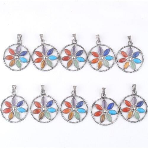10Pcs Jewelry Multicolor Natural Gem Stone Leaf Flower Round Healing Reiki Chakra Pendant Charm Bead QN3267