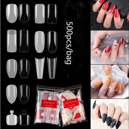 500pcs Nail Tips Natural Clear Fake Nail For Women Manicure Coffin Ballerina Nail Tips Long Stiletto False For Nail Art #0-#9