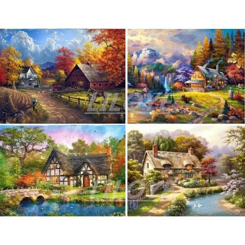 DIY 5D Diamond Painting Landscape Villa House Full Drill 3D Diamond Embroidery Horse Picture of Rhinestones Art Home Decor CV570