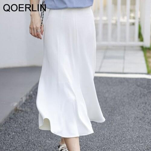 QOERLIN White Skirt 2021 New Summer Mid-Length High Waist A-Line Skirt Ruffled Solid Color Skirt Women Elegant Black Saia Mujer