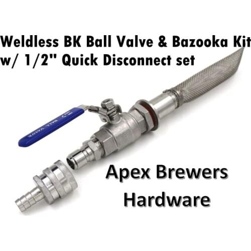 Weldless Boil Kettle Ball Valve & Bazooka Kit w/ 1/2" Quick Disconnects, 6" Bazooka, 2 Piece SS316 Ball Valve,1/2" Hose Barb