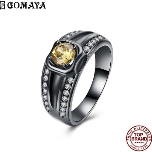 GOMAYA Yellow Round Cubic Zirconia Fit Women Rings Punk Design Finger Ring Anniversary Birthday Jewelry Gift Fashion Accessories
