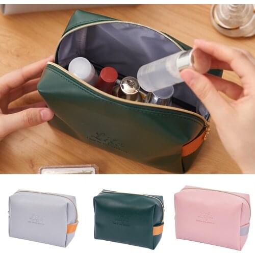 PU Leather Cosmetic Bag 16.5*7*12cm Waterproof Storage Bag Pouch Green/Gray/Pink Travel Handbag with Zipper LBE