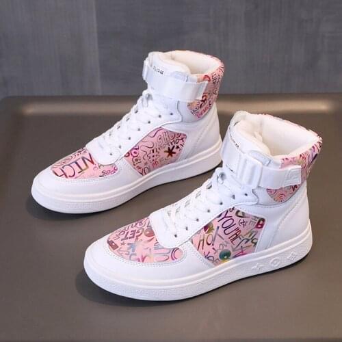 High Top Warm Sneakers Women Vulcanized Shoes Graffiti Printing Fashion Breathable Thick Sole 2021 Sneakers Women Basket Femme