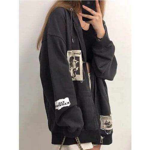 Oversized hoodie jacket plus velvet street loose sweater Y2K sweatshirt bar hoodie dark retro punk shadow cardigan clothes