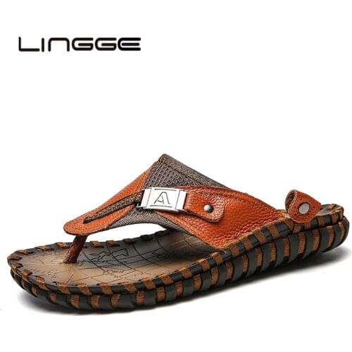LINGGE Men Summer Slippers Genuine Leather Casual Shoes Man Beach Sandals Brand Men Summer Shoes Big Size 38-47