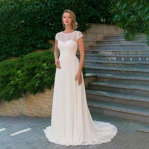 Fashion Lace Chiffon Wedding Dresses 2021 Scoop Backless Beach Short Sleeve Bride Dresses Cap Sleeve Sweep Train