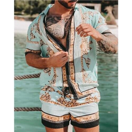 2021 New Mens Hawaiian Printed Shirt Suit Summer Fashion Short Sleeve Shirt Beach Shorts Casual Quick Dry 2 Piece Mens Set