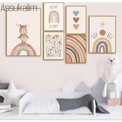 Nursery Wall Art Canvas Painting Sun Raindow Posters Deer Print Heart Prints Alphabet Poster Boho Wall Pictures Baby Room Decor