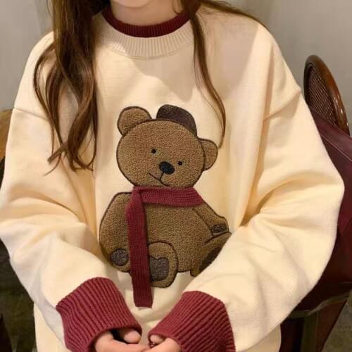 New Japanese Preppy Style Womens Knitwear Contrast Color Little Bear 3D Pattern Lovely Sweater For Lady Loose Lazy Fashion Tops
