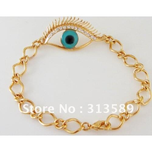 NEW UNIQUE 8.3" YELLOW GOLD GP OVERLAY FILL BRASS EVIL EYE CZ STONE BRACELET/GREAT GIFT