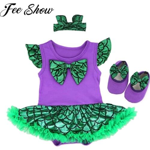 Baby Girls Mermaid Rompers Dress Mermaid Jumpsuit Princess Polka Dots Tutu Clothes Headwear for Girls Kids Birthday Party Dress
