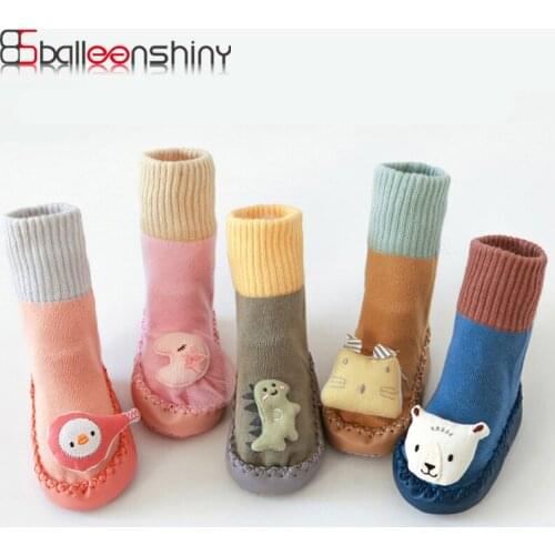 Balleenshiny Autumn Winter Baby Shoes Socks Infant Cartoon Socks Baby Kids Indoor Floor Socks Leather Sole Non-Slip Thick Socks