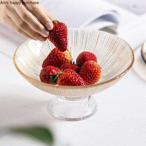 Transparent Glass Fruit Plate Tall Feet Glass Bowl Snack Tray Dessert Plates Fruit Salad Bowl Home Decorative Bowls Dinner Plate