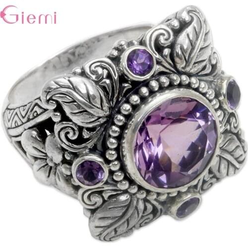 Retro Luxury Antique Silver Cubic Zircon Flower Leaf Women Rings Fashion Trendy Rhinestone Jewelry Ornaments Bijoux