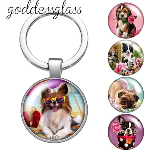 Cartoon dog Lovely Pet pomeranian Pug collie round glass cabochon keychain Bag Car key chain Ring Holder Charms keychains Gifts
