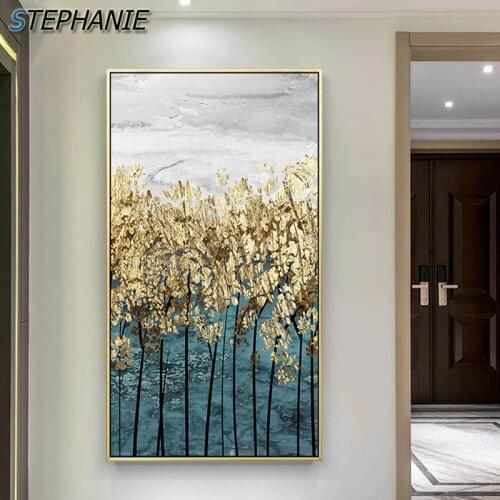Nordic Golden Blue Canvas Painting Abstract Tree Leaf Wall Art Posters Prints for Living Room Modern Luxury Home Decor Pictures